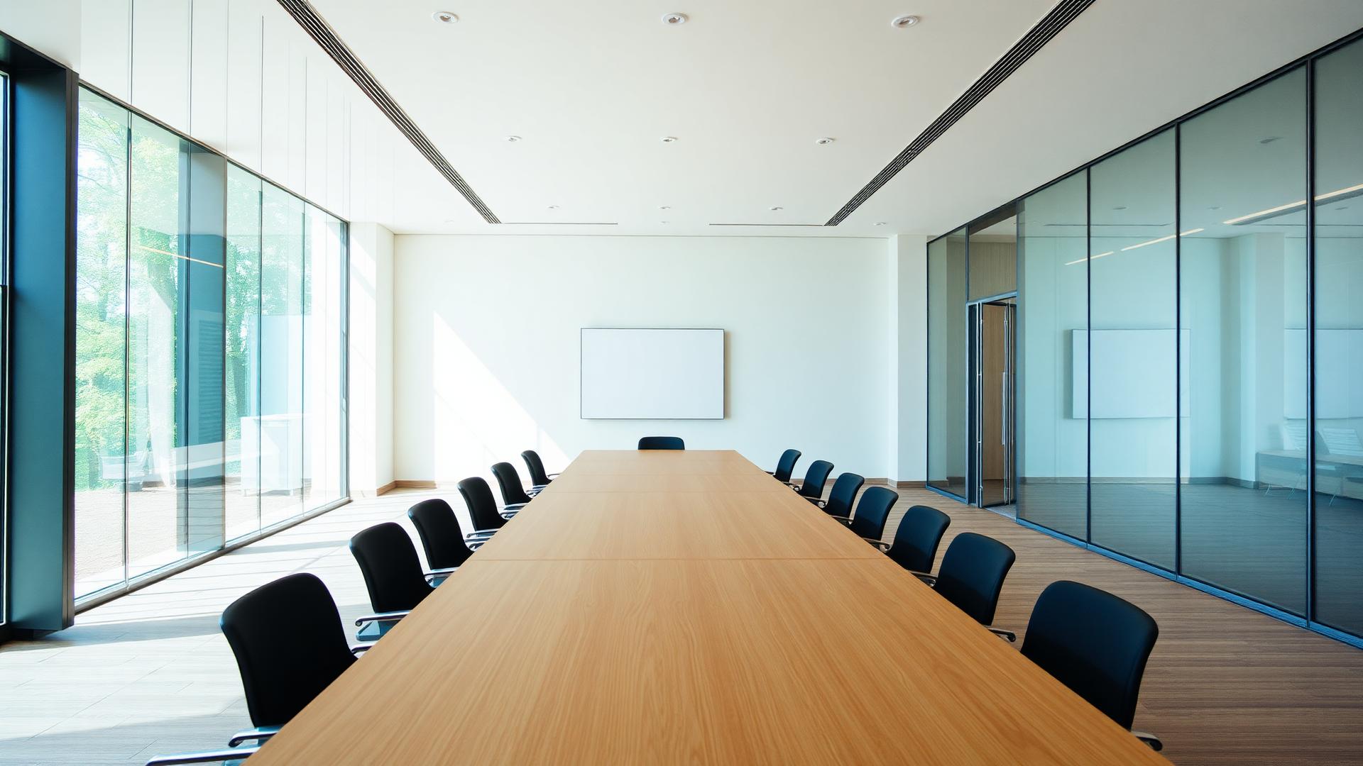 Empty boardroom with a long table and glass walls